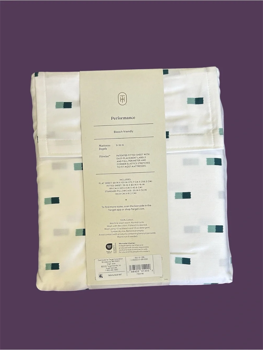 Threshold White Cotton Sateen Sheet Set with Blue Rectangle Print